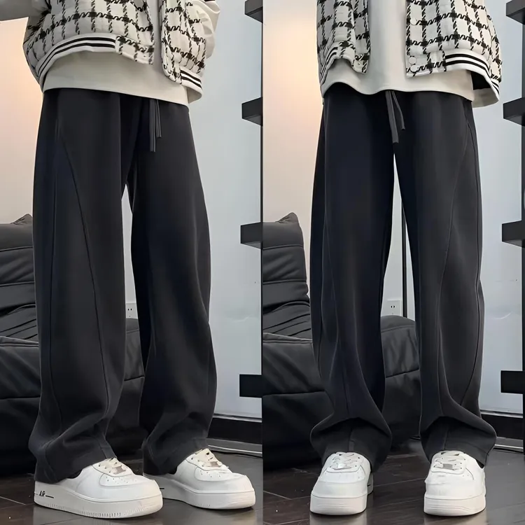 秋季新款水洗磨白灰垂感男宽松直筒卫裤休闲运动裤时尚弯刀阔腿裤