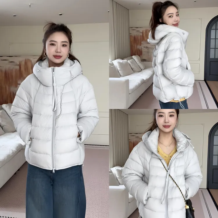 【余欢欢】冬季韩系简约连帽飘带拉链羽绒服-YHW50942