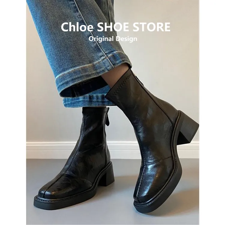 牛皮版~真皮厚底短靴女秋冬复古切尔西靴粗跟瘦瘦靴英伦风马丁靴