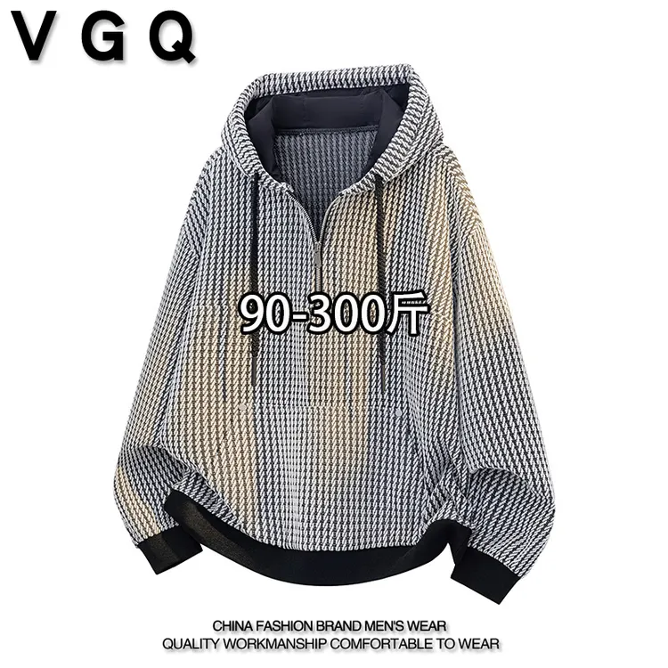 VGQ男士卫衣2025秋季加肥加大休闲宽松潮流百搭半拉链连帽上衣服