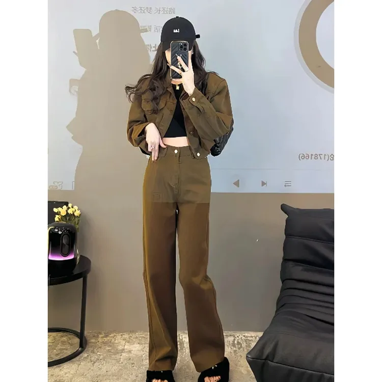 早秋工装套装女2025短款工装夹克欧式设计感上衣外套阔腿裤子