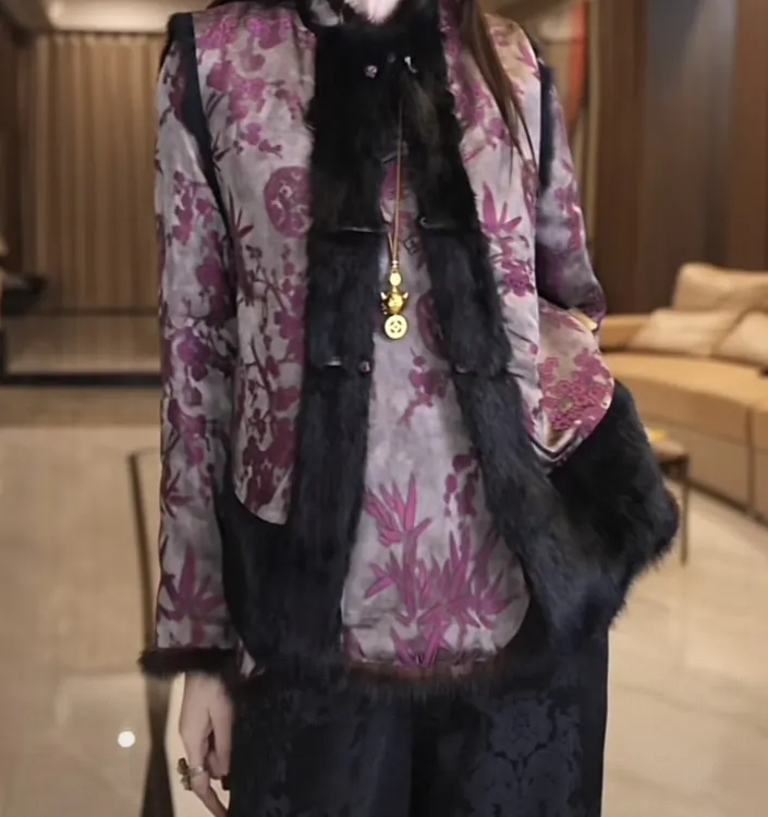 飞儿【竹梅花马夹-灰】2025早秋新款獭兔毛拼接双穿马夹