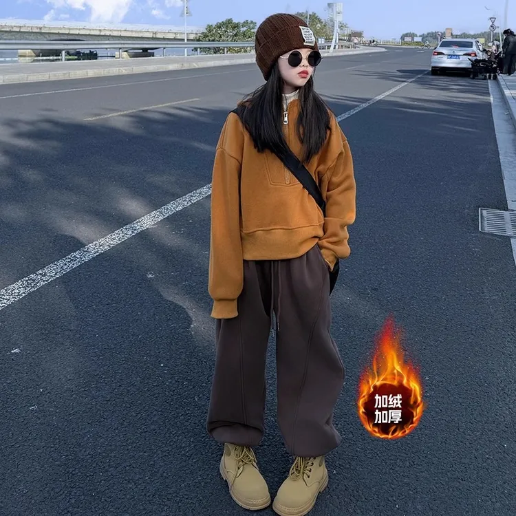 半拉链加绒连帽卫衣套装女童秋冬2025新款洋气慵懒风卫裤两件套装