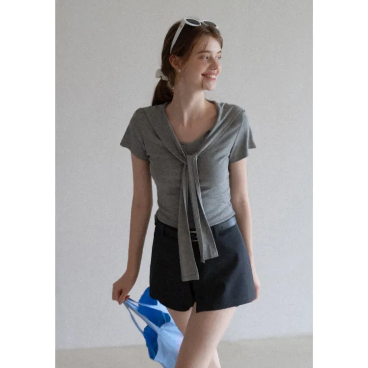 EGGKA 海军领短袖T恤女夏正肩修身显瘦气质简约上衣 E25A3874AF