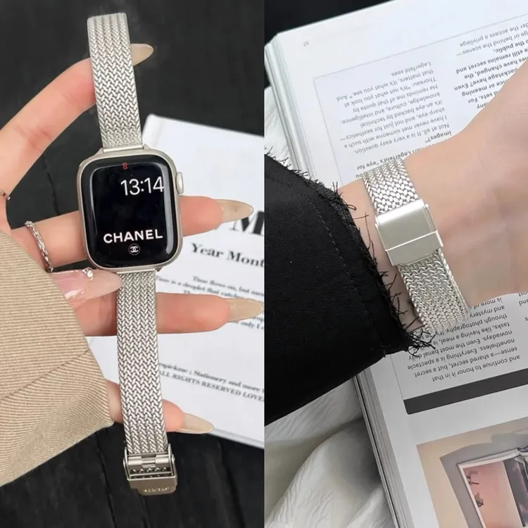 适用iwatch表带s10代苹果手表带s9876细款麦穗夏高级不锈钢男女生