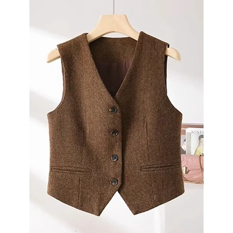 春秋季2025年新款无袖短款马夹外套春秋叠穿英式老钱风毛呢马甲女