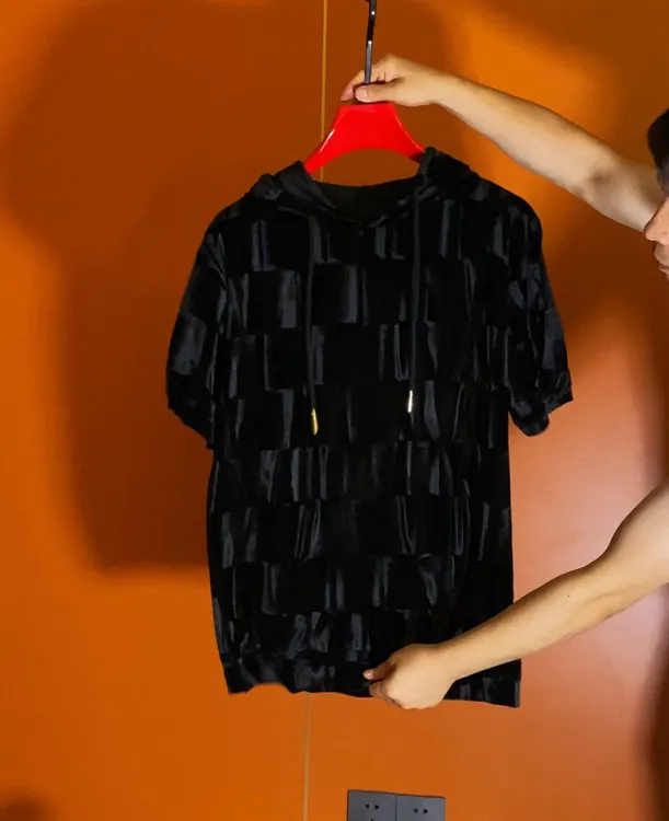 高端冰丝绒男士休闲短袖连帽卫衣771