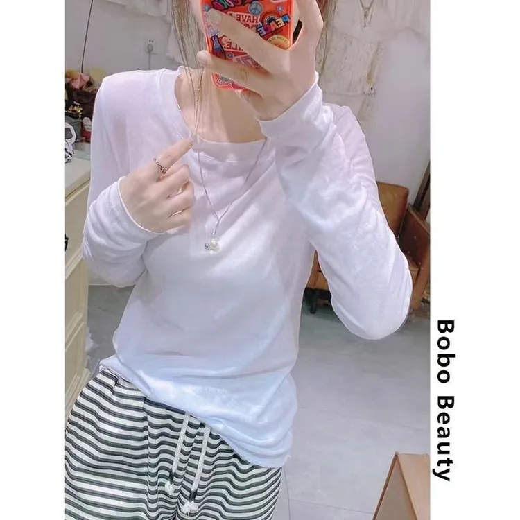 2025春季新款白色长袖打底衫T恤女百搭减龄流行宽松显瘦圆领上衣