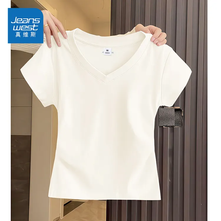 真维斯奶白色短袖t恤女款2025新款夏季抗菌高级感女装V领洋气衣服