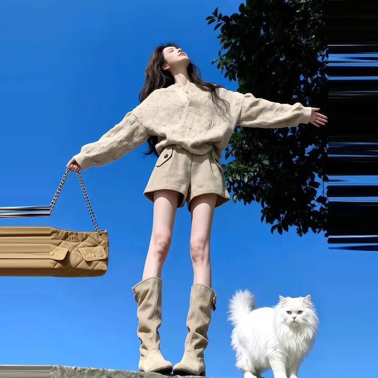 韩系polo领宽松麻花慵懒风针织毛衣女秋季新款高腰设计短裤两件套