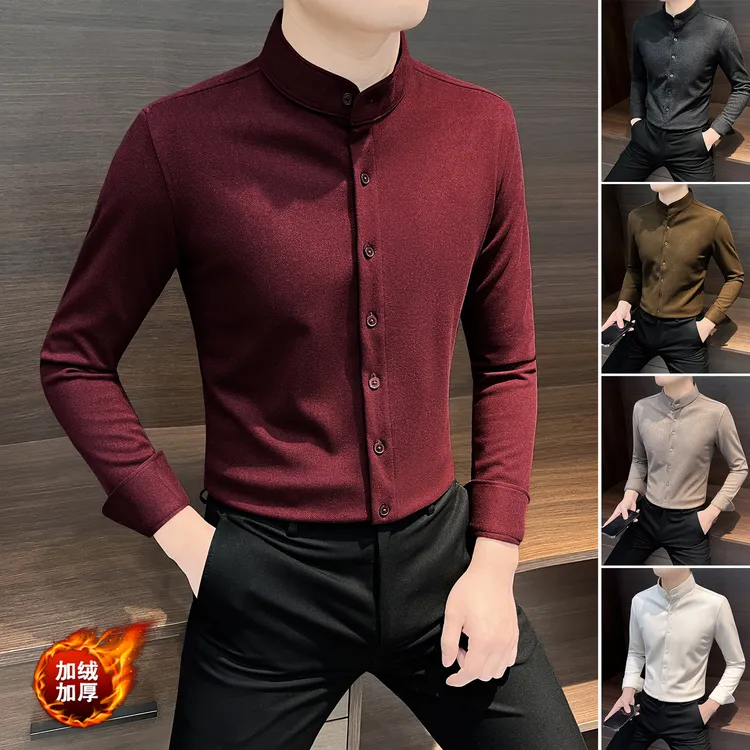 加绒立领磨毛长袖衬衫男款爆款2025新款休闲男装冬季保暖男士衬衣