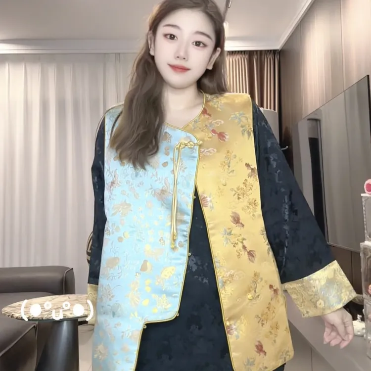 「6851」新中式国风旗装拼接色织提花马甲显瘦大码复古外搭马甲