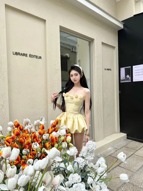 【小野春茶】纯欲风甜美辣妹波点格子抹胸蛋糕裙女款连衣裙套装