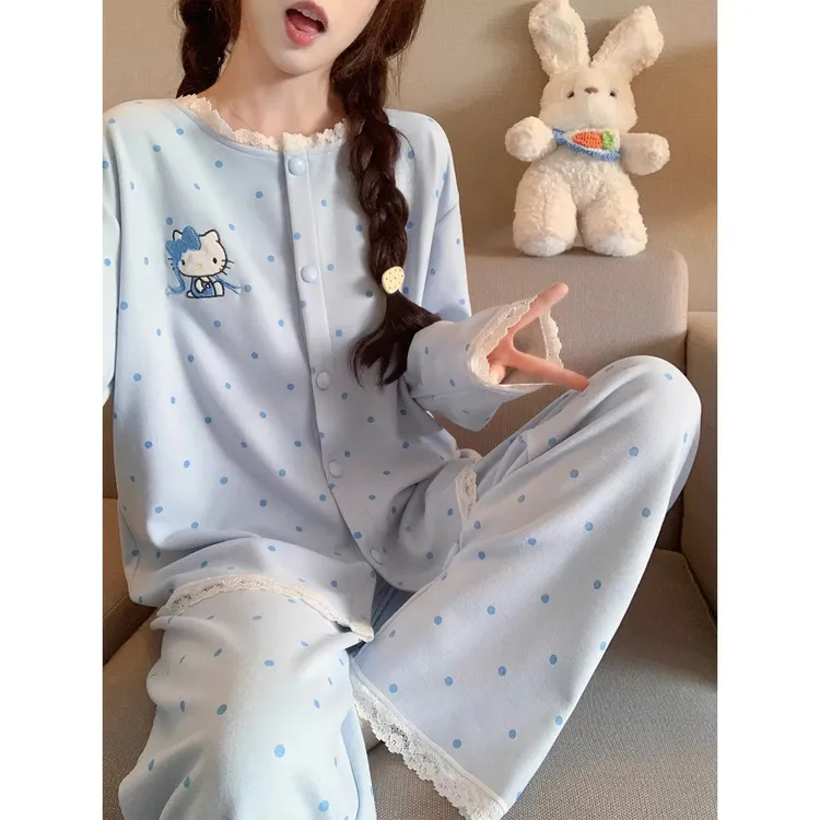 日系可爱蓝色波点凯蒂猫睡衣女款秋冬季2026新款春秋德绒长袖套装