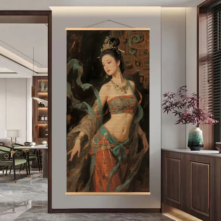 敦煌古风美人竹编工艺画美容院衣帽间浴室免打孔竹子挂画挂墙装饰