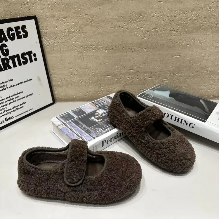 羊羔毛玛丽珍厚底棉鞋2025冬季魔术贴一字带浅口休闲乐福鞋