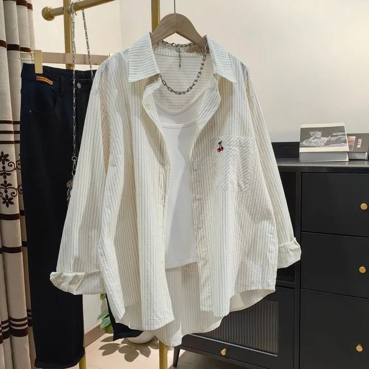 夏季上衣刺绣樱桃长袖新款条纹休闲设计宽松衬衣百搭露背外套