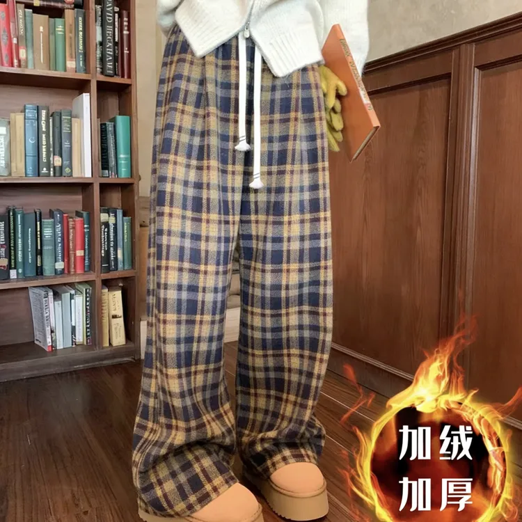 【口袋款加绒格子裤】美式松紧设计高腰阔腿休闲宽松显瘦加绒格子裤