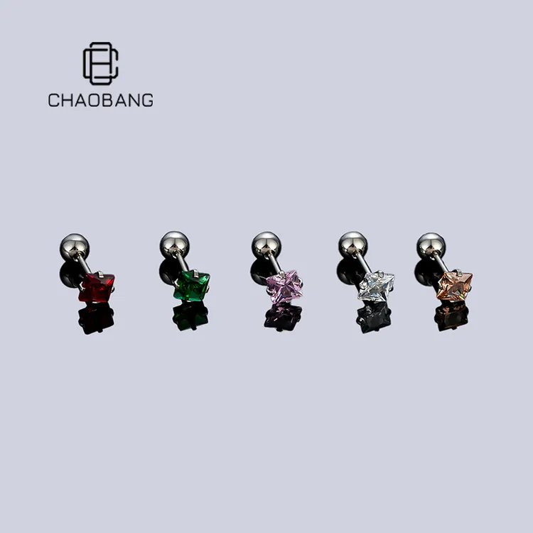 chaobang/潮邦 钛钢耳饰 四爪镶方钻耳钉个性百搭耳饰螺丝球耳堵