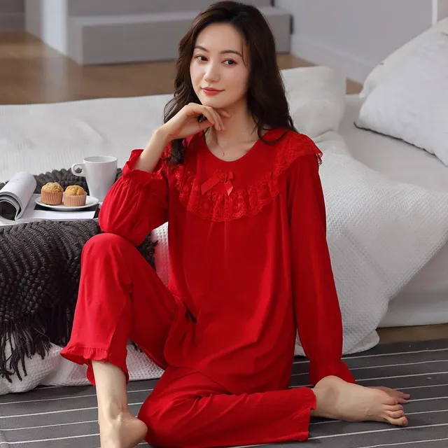 睡衣女士春秋款棉长袖加大码套头秋冬季大红色本命年家居服套装