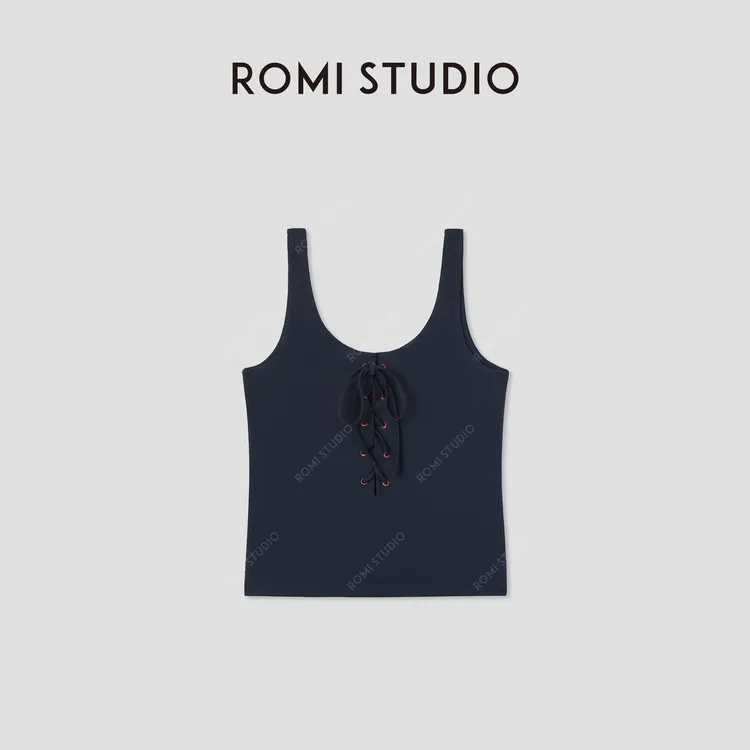 ROMI STUDIO“简约复古”莫代尔棉U领绑带撞色针织背心 RWCRSL4576