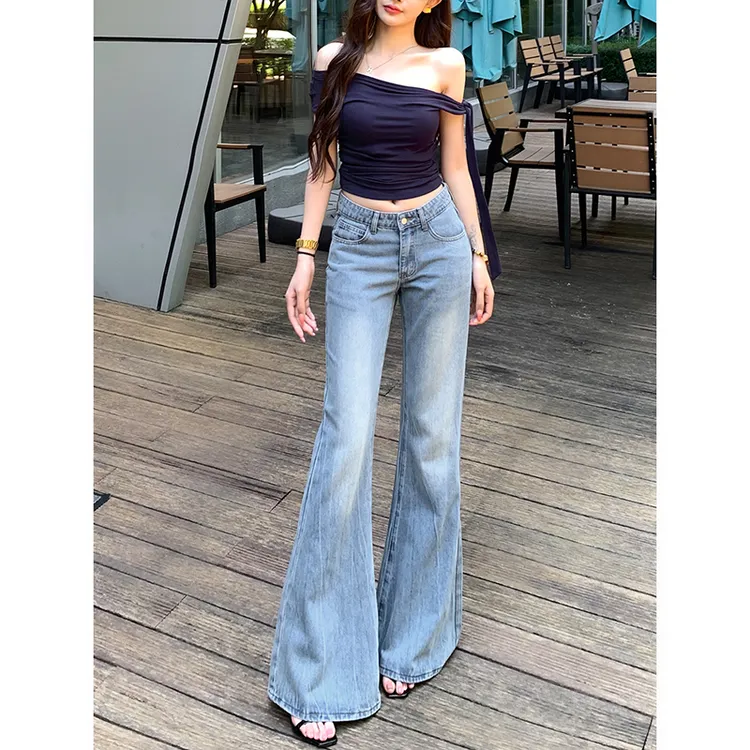 低腰不贴腿微喇牛仔裤女2025秋季新款极简风修身显瘦显腿长拖地裤