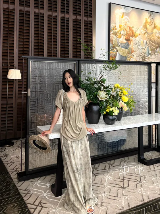 褶皱U领正肩短袖T恤女+复古扎染宽松显瘦垂感长裤