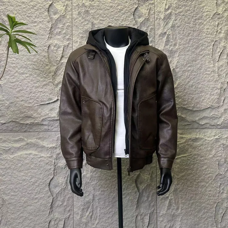 2025新款防风冬季连帽免烫修身型皮衣休闲短款潮流加绒夹克外套
