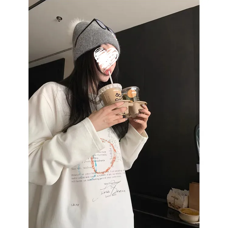 慵懒风长袖圆领印花长袖T恤加厚打底衫宽松ins套头上衣81598