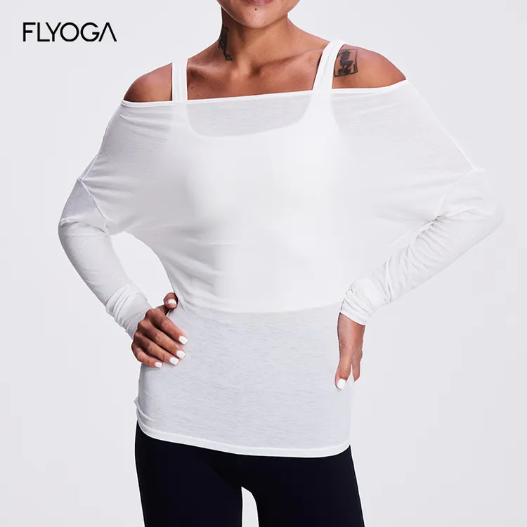 FLYOGA 飞蓝竹节纱荡领一字肩温柔范长袖53528瑜伽显瘦