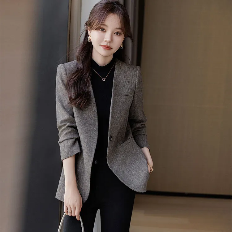 灰色无领西装外套女新款春秋季女装休闲薄款正装小西服女款上衣