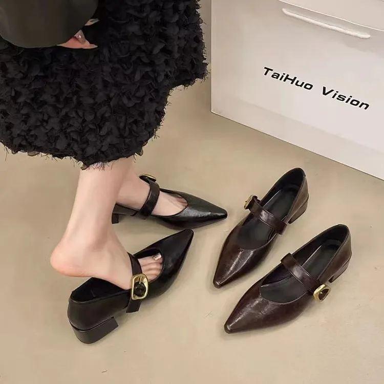 粗跟尖头单鞋女2025新款气质软底软皮舒适低跟尖头法式玛丽珍女鞋