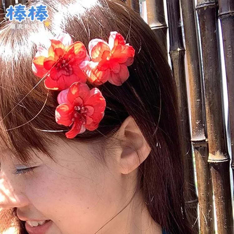 日系复古红色花朵发夹超仙海边度假风侧边夹欲氛围感仿真花发卡