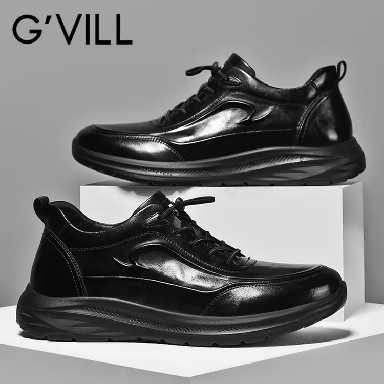 G'VILL/贵之步头层牛皮男士商务休闲皮鞋百搭通勤真皮软底厚底鞋