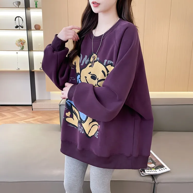 加绒加厚紫色圆领卫衣女2025冬季新款慵懒风宽松减龄洋气高贵上衣