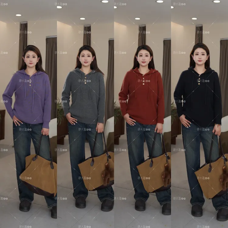 【上新】冬季毛衣PDM22650新款正肩显瘦休闲慵懒风连帽大码女装毛衣