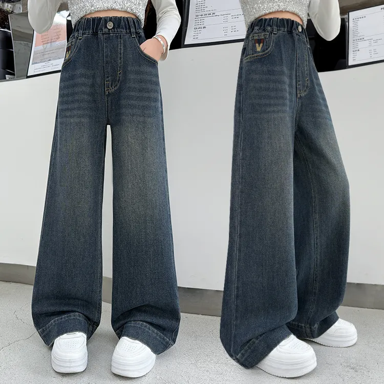 女童牛仔裤2025春秋韩版宽松蓝灰中大童秋季裤子女童12-15岁新款