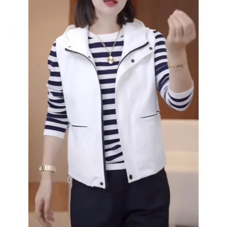 2025夏季新款白色无袖连帽马甲外套时尚运动百搭高级拉链开衫上衣