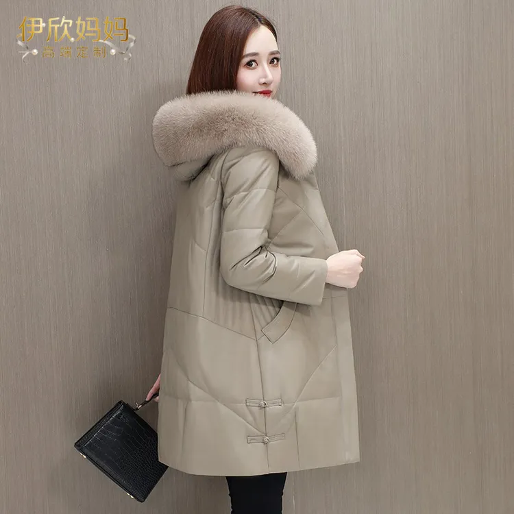 海宁皮羽绒棉服女款2025新款冬季棉袄加厚连帽显瘦中长款皮衣外套