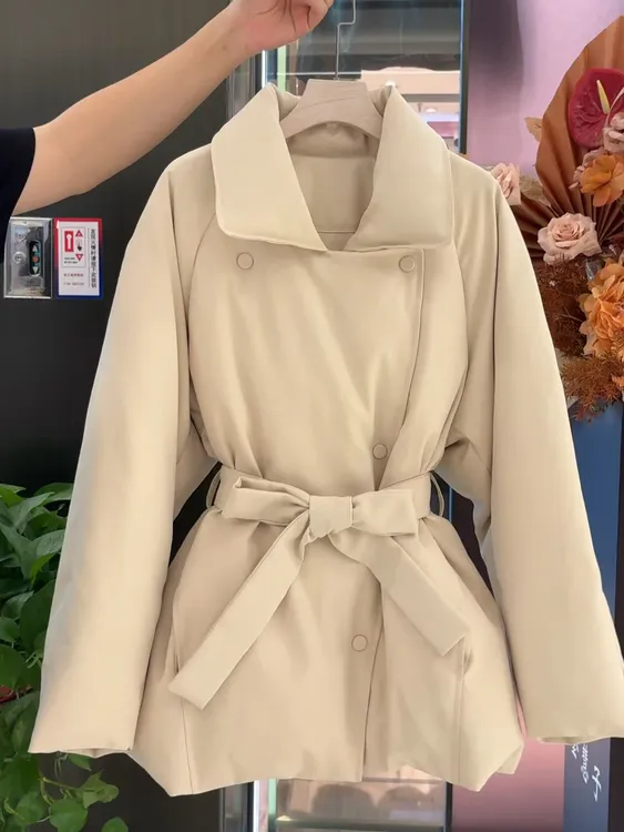 极简风系带收腰米色棉服女2025冬季新款中长款加厚保暖显瘦外套潮