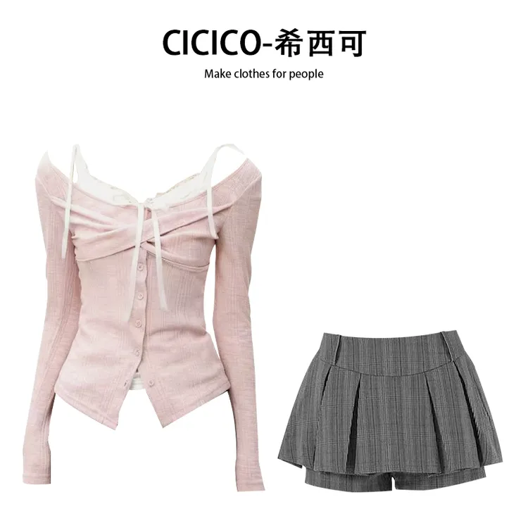 韩系辣妹纯欲风粉色长袖针织衫蕾丝吊带背心短裙裤三件套装女秋季