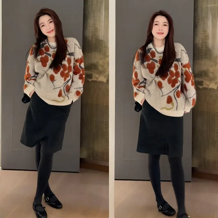 秋冬穿搭一整套2025年新款韩系简约气质针织上衣高腰短裙两件套装