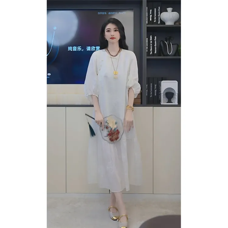 D香槟连衣裙白色公主连衣裙花朵玫瑰绣花白色珠子夏季休闲S25491