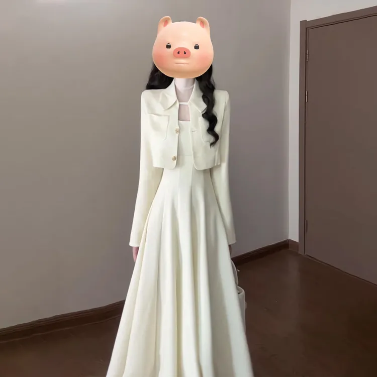 小个子香风西装吊带连衣裙子女装2025新款气质款长裙早秋穿搭套装