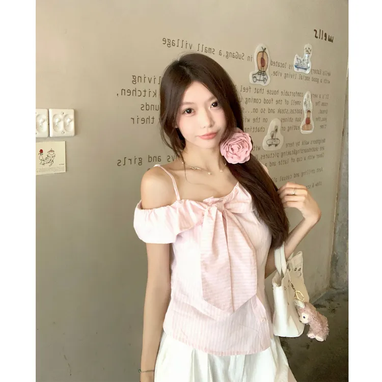 樱花盐汽水粉色条纹露肩短袖衬衫#9178