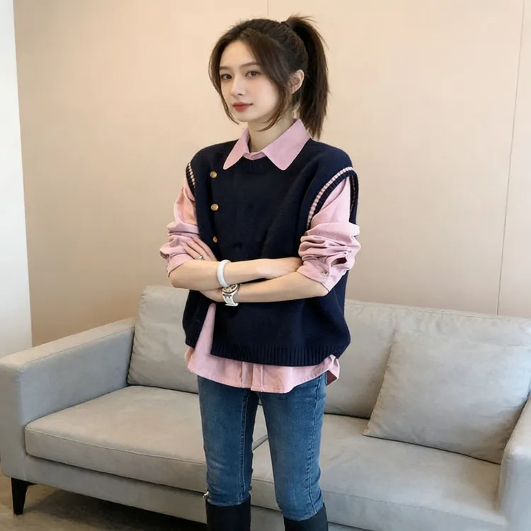 秋冬新款圆领无袖针织开叉马甲+时尚百搭粉色纽扣衬衫休闲两件套