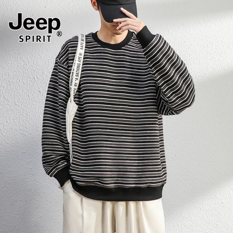 JEEPSPIRIT/吉普香港经典复古潮牌条纹卫衣男士圆领秋季长袖T恤男