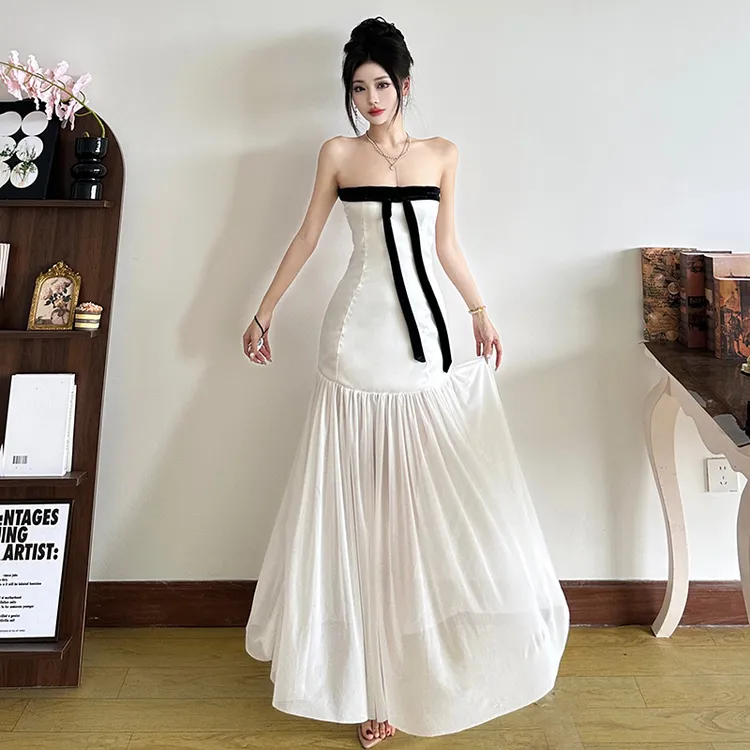 Malou 在逃公主Coco风拼色设计蝴蝶结连衣裙女前后两穿K25D66131