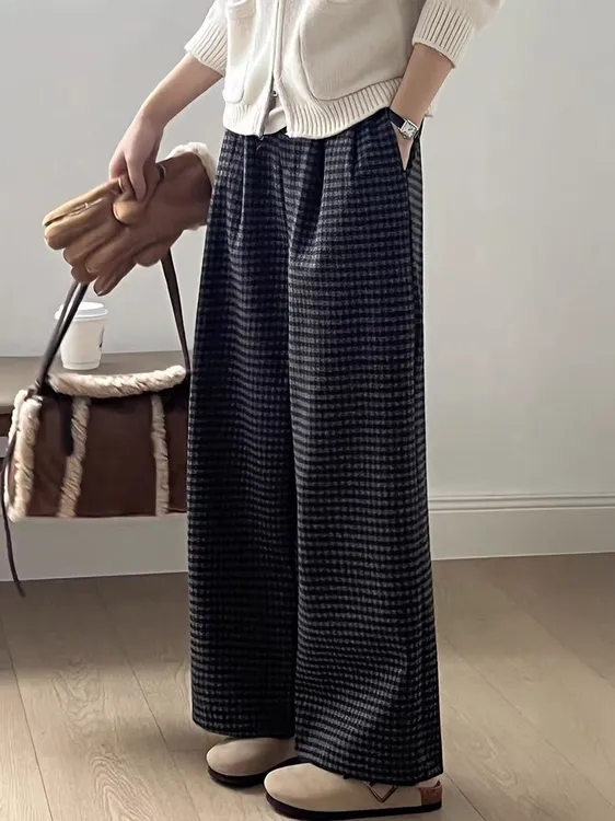 松紧腰格子磨毛直筒阔腿裤女2025秋冬新款慵懒感宽松显瘦休闲长裤