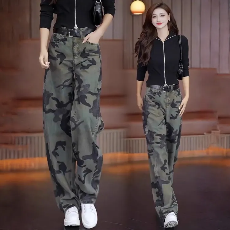 美式复古牛仔裤女2025新款秋季迷彩弯刀裤抗皱不鼓包显瘦休闲裤子